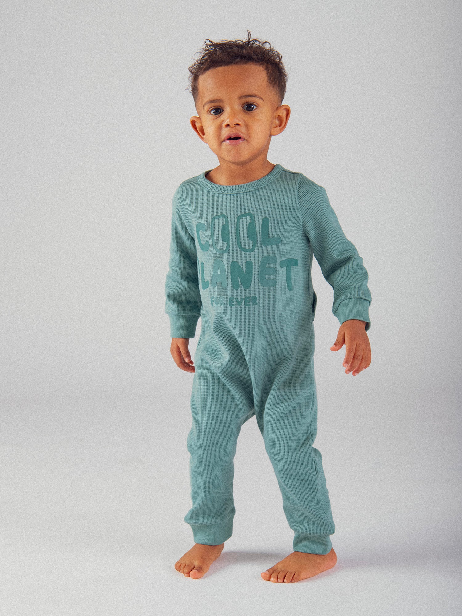 Green "Good Vibes" textured knit sleeper for baby boy