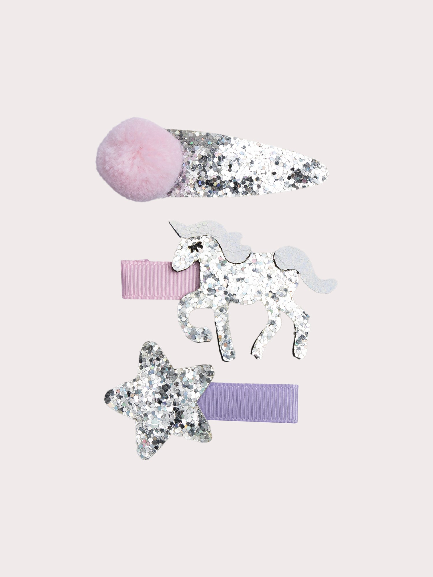 Set of 3 Hair Clips with Star, Pom Pom and Unicorn for Girls