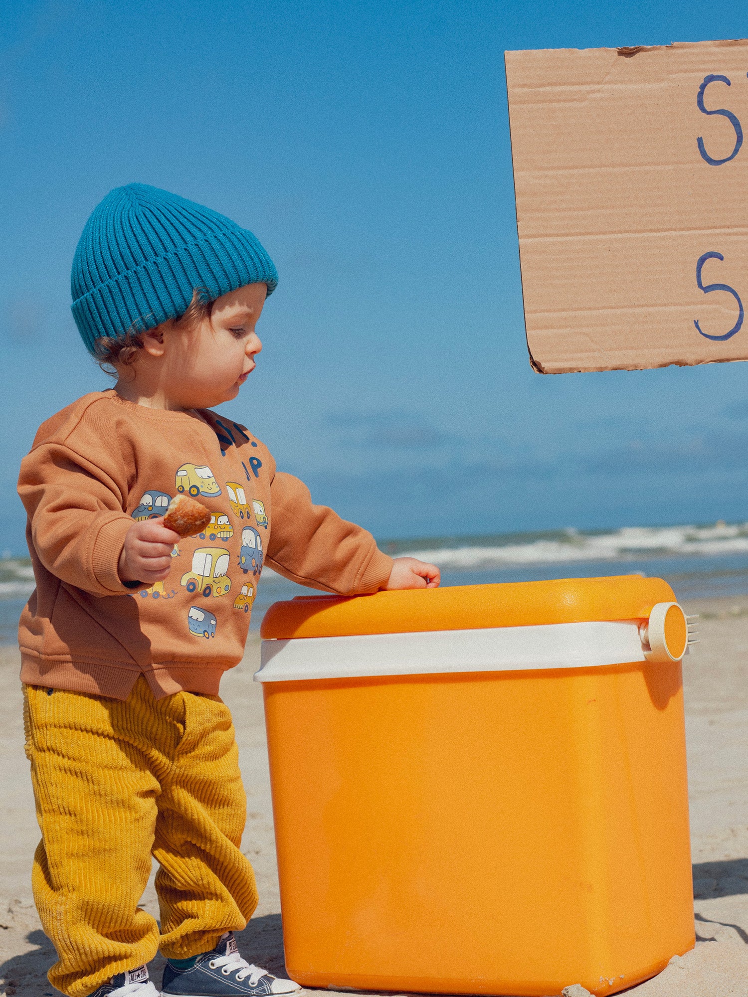 Blue cord knit hat for baby boy
