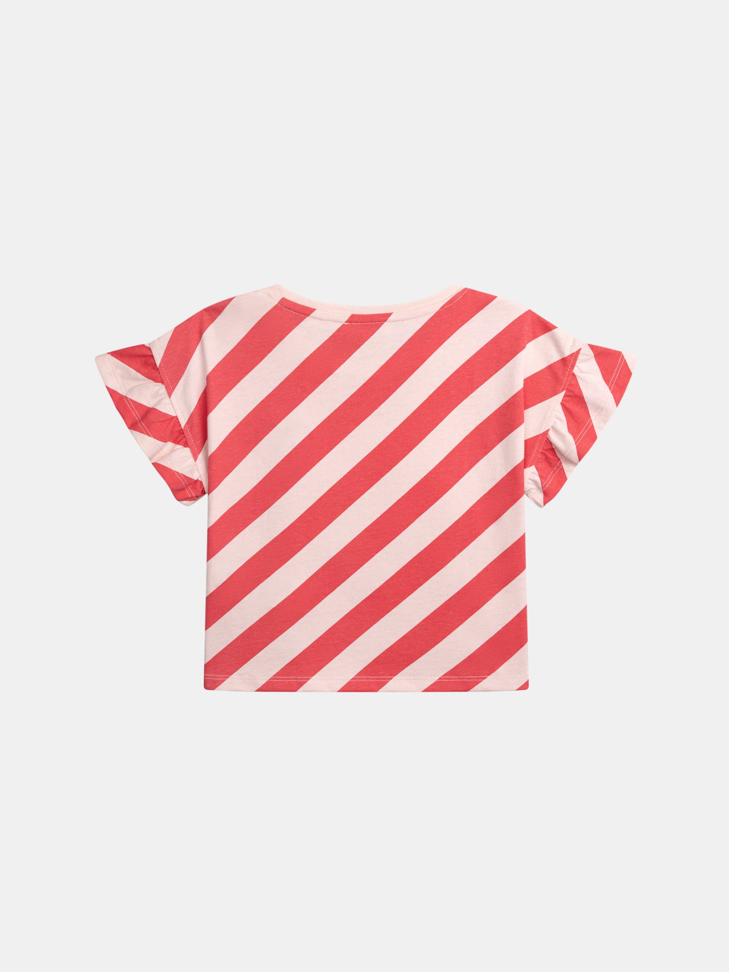 Short-sleeve pink striped t-shirt with badge for girl