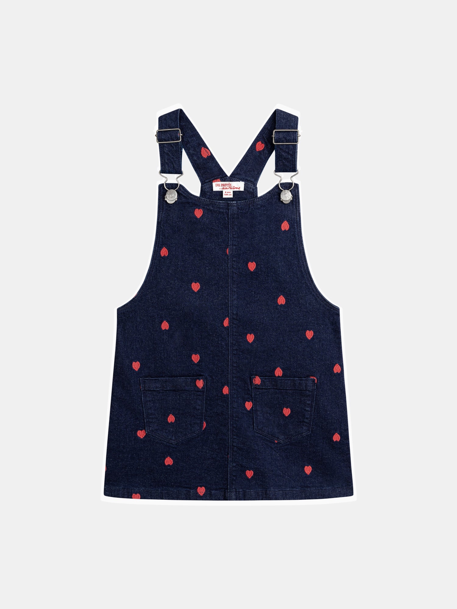 Blue denim pinafore dress with heart embroidery for girls