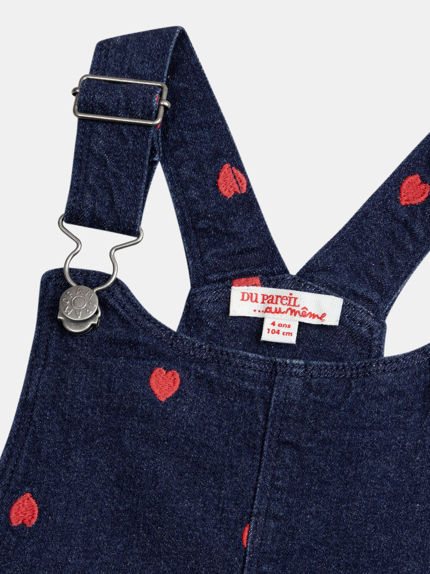 Blue denim pinafore dress with heart embroidery for girls
