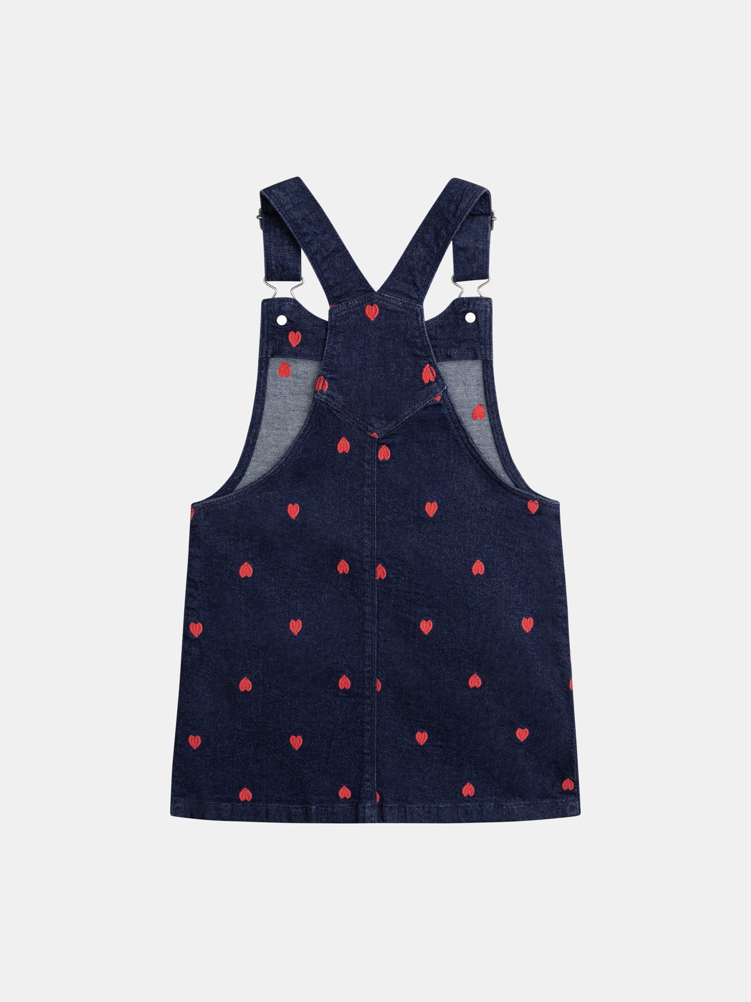Blue denim pinafore dress with heart embroidery for girls