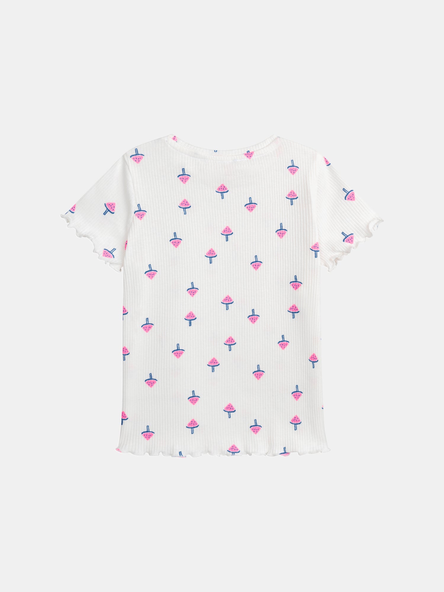 Ecru Ribbed T-shirt with Watermelon Ice Print for Girls