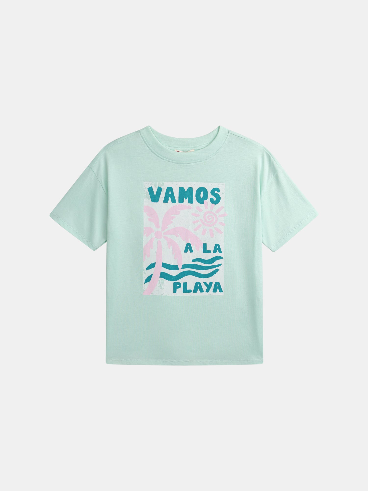Oversized blue t-shirt with beach animation for girls