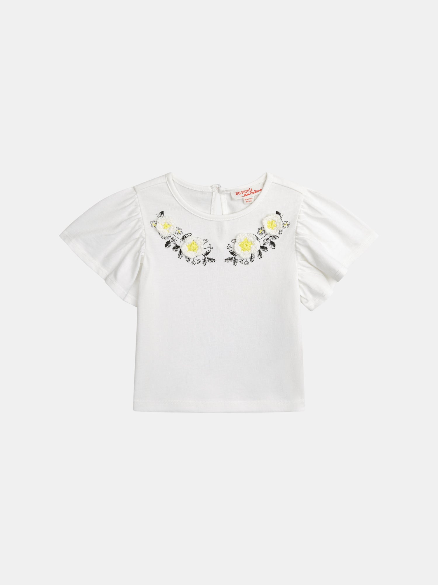 Ecru embroidered flower t-shirt with ruffled sleeves for baby girl