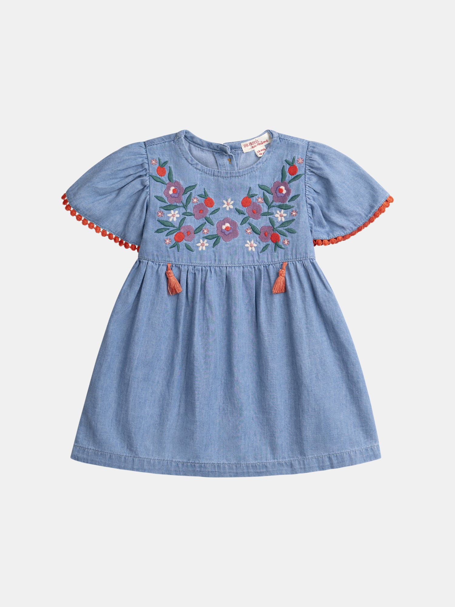 Embroidered Chambray Dress with Pom Poms for Baby Girl