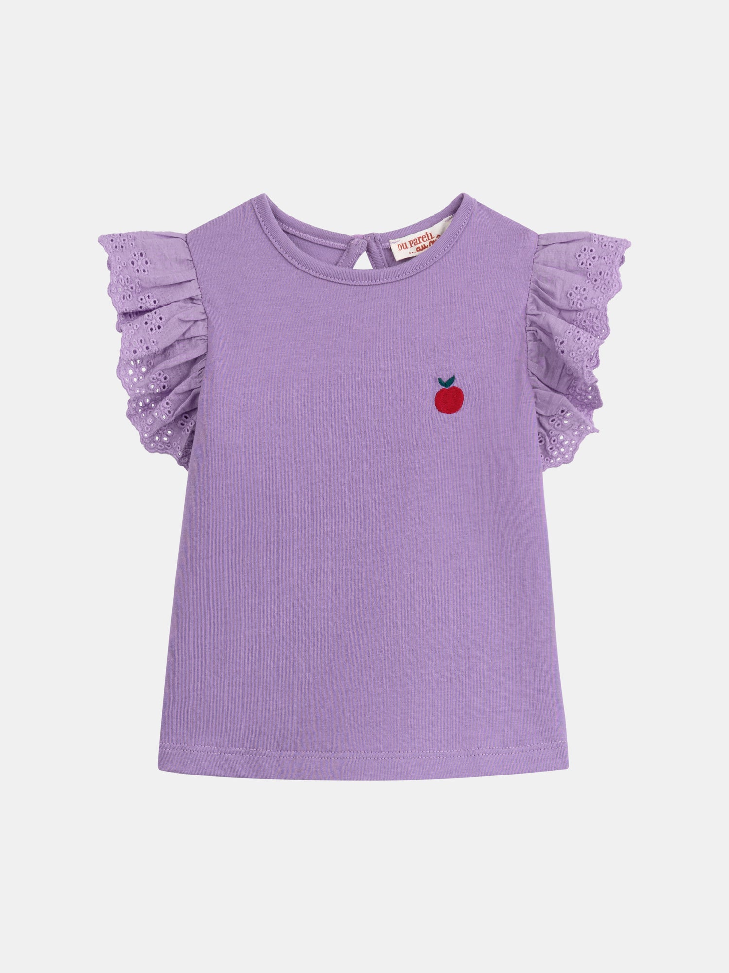 Purple short-sleeve shirt with ruffled and embroidered sleeves for baby girl