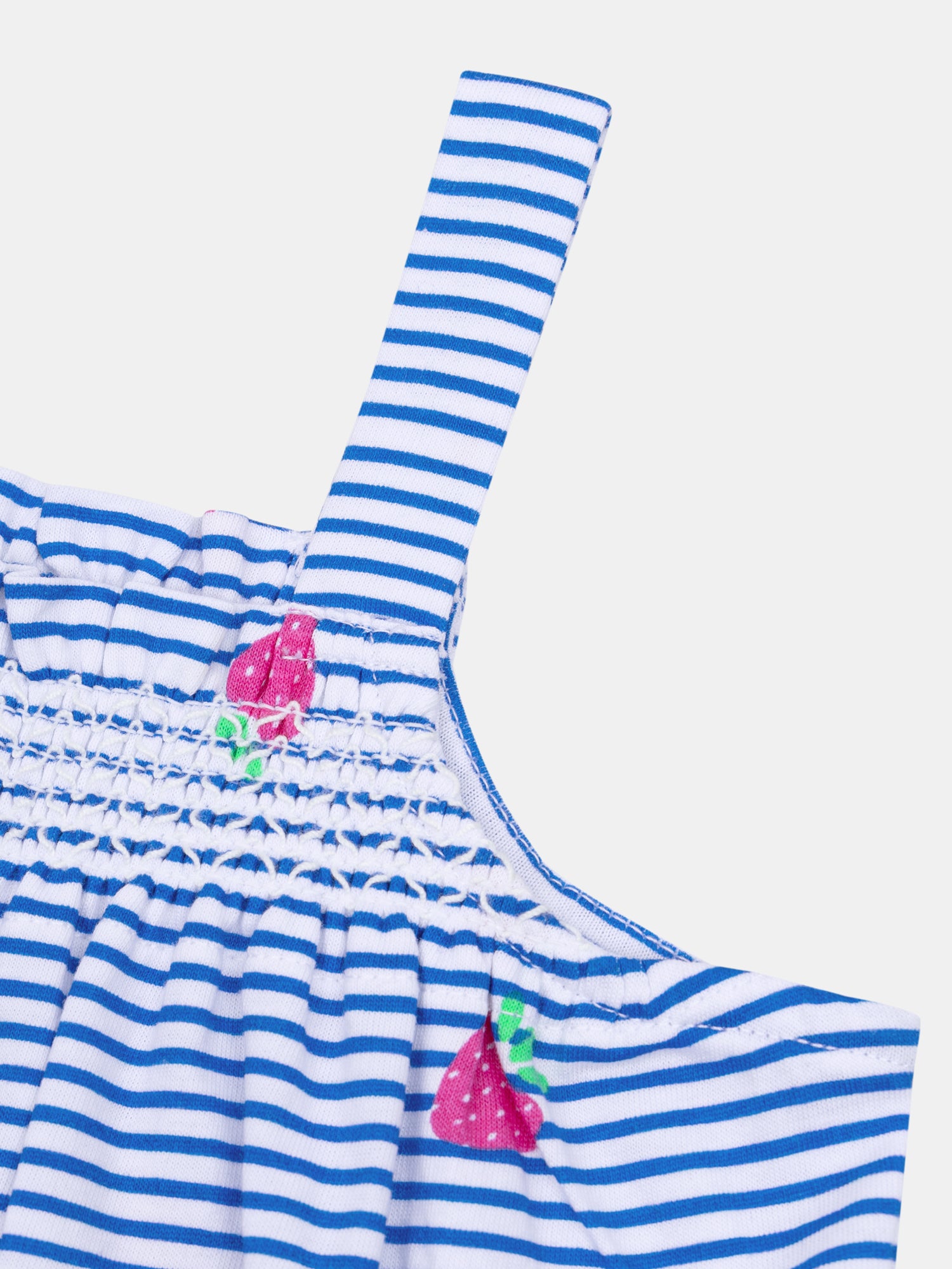Blue and white striped baby romper with strawberry print for baby girl