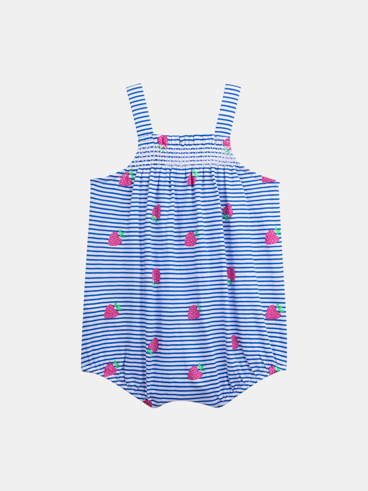Blue and white striped baby romper with strawberry print for baby girl