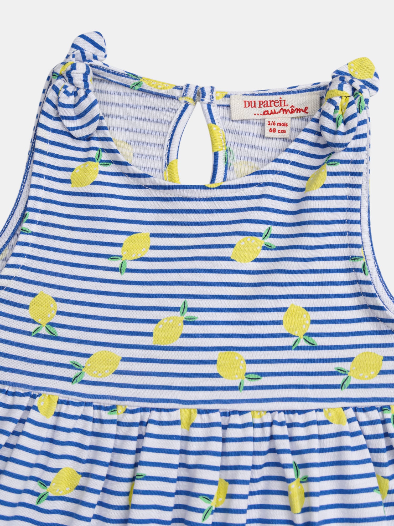 Blue and white striped dress with lemon print for baby girl
