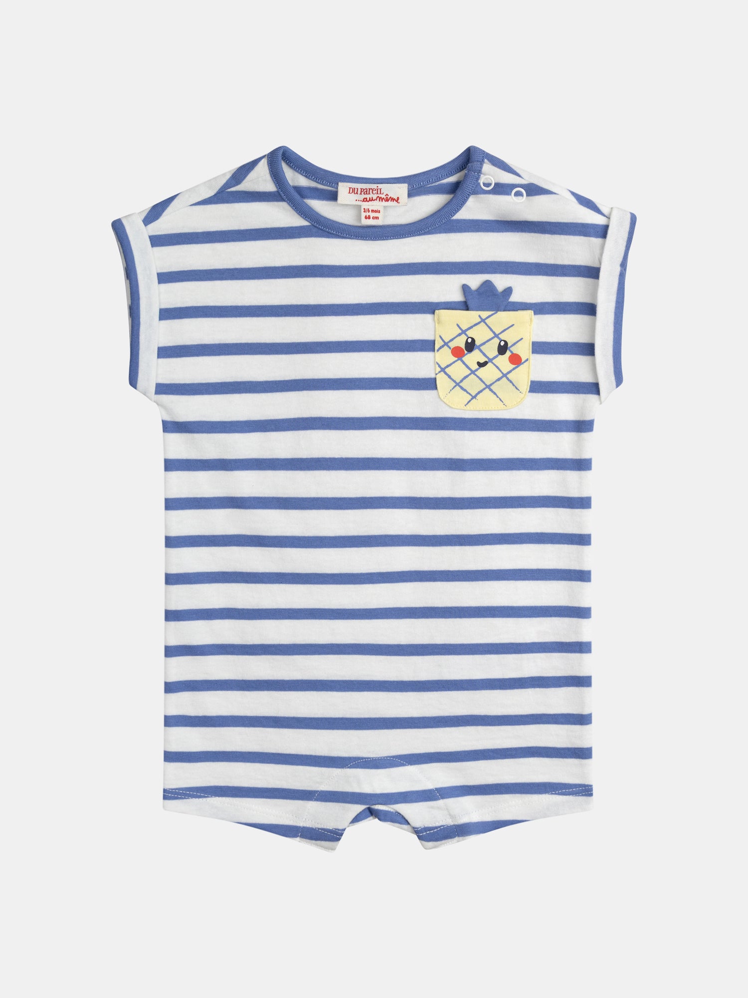 Blue and white striped onesie with pineapple pocket for baby boy