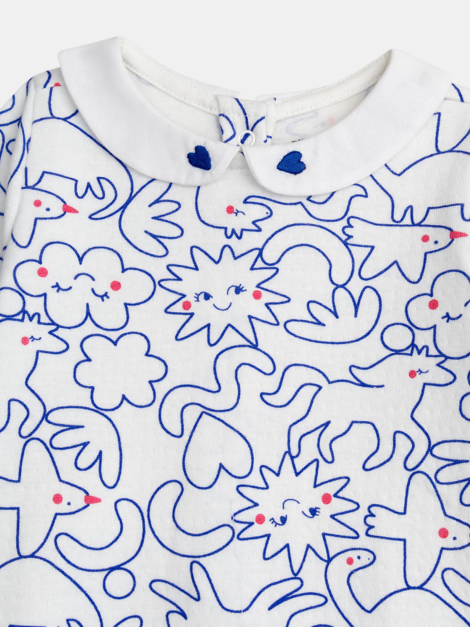 Ecru bodysuit with Claudine collar and allover "Dream" blue print for baby girl