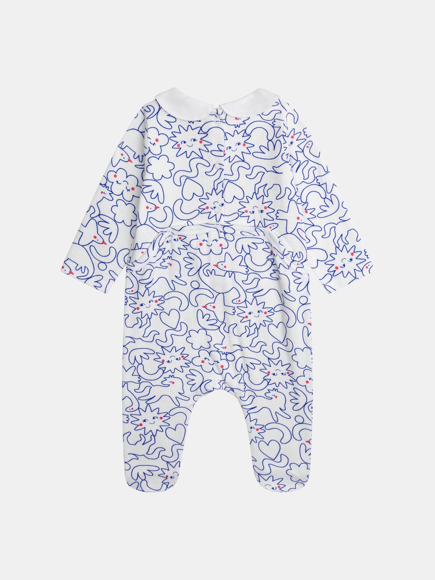 Ecru bodysuit with Claudine collar and allover "Dream" blue print for baby girl