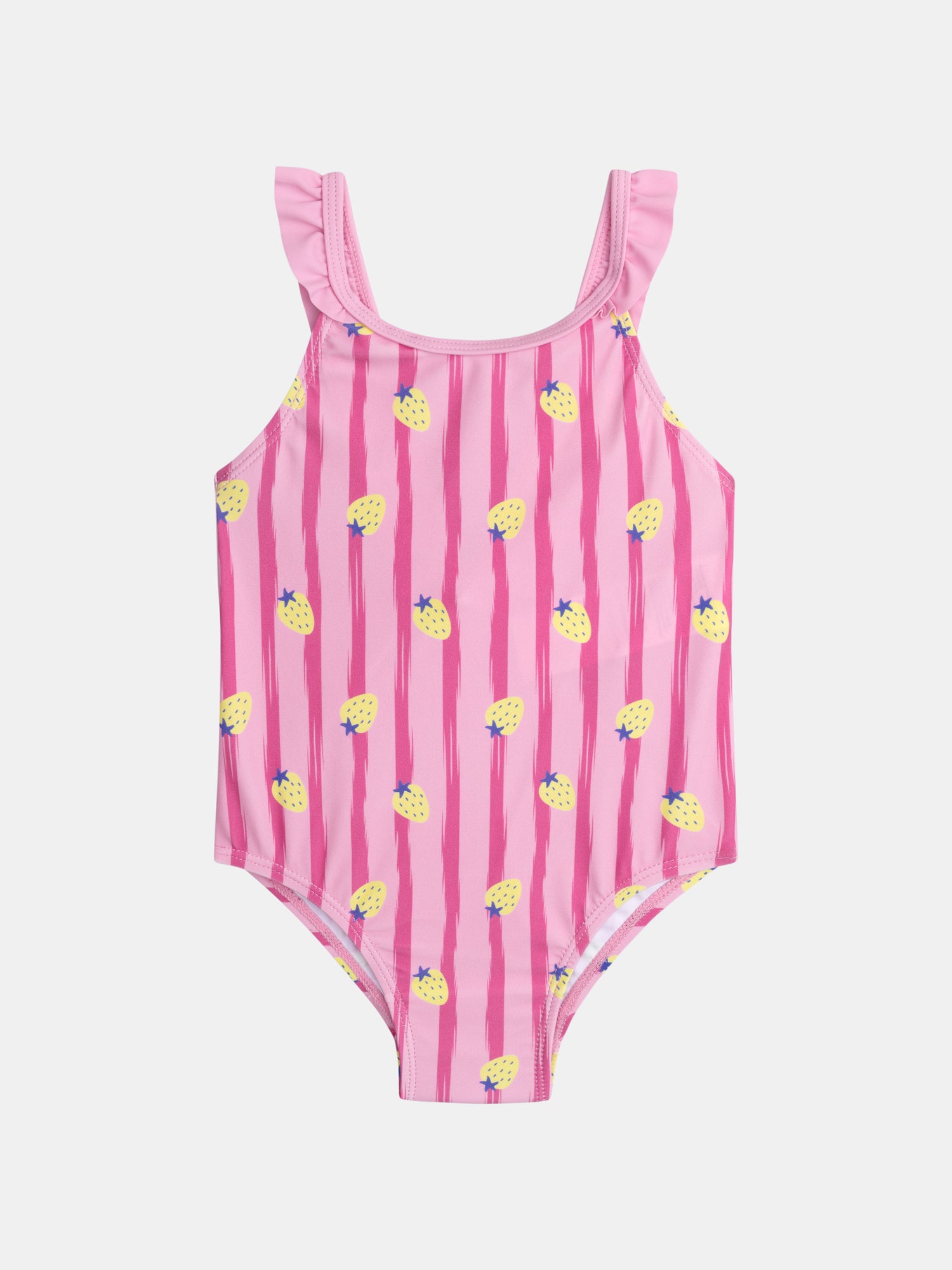 One-piece pink swimsuit printed with strawberries and stripes
