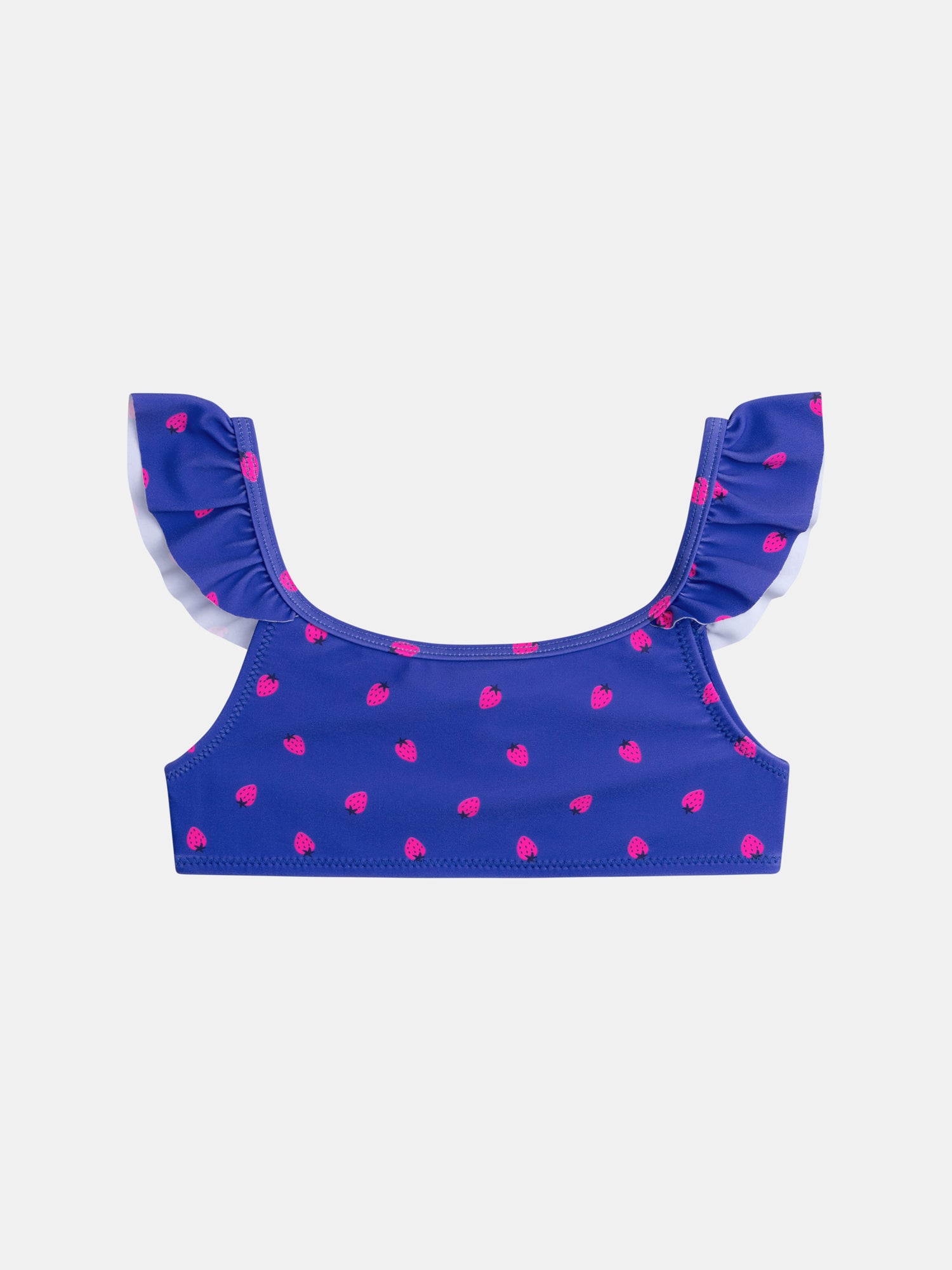 Blue 2-piece swimsuit with strawberry print for girls.