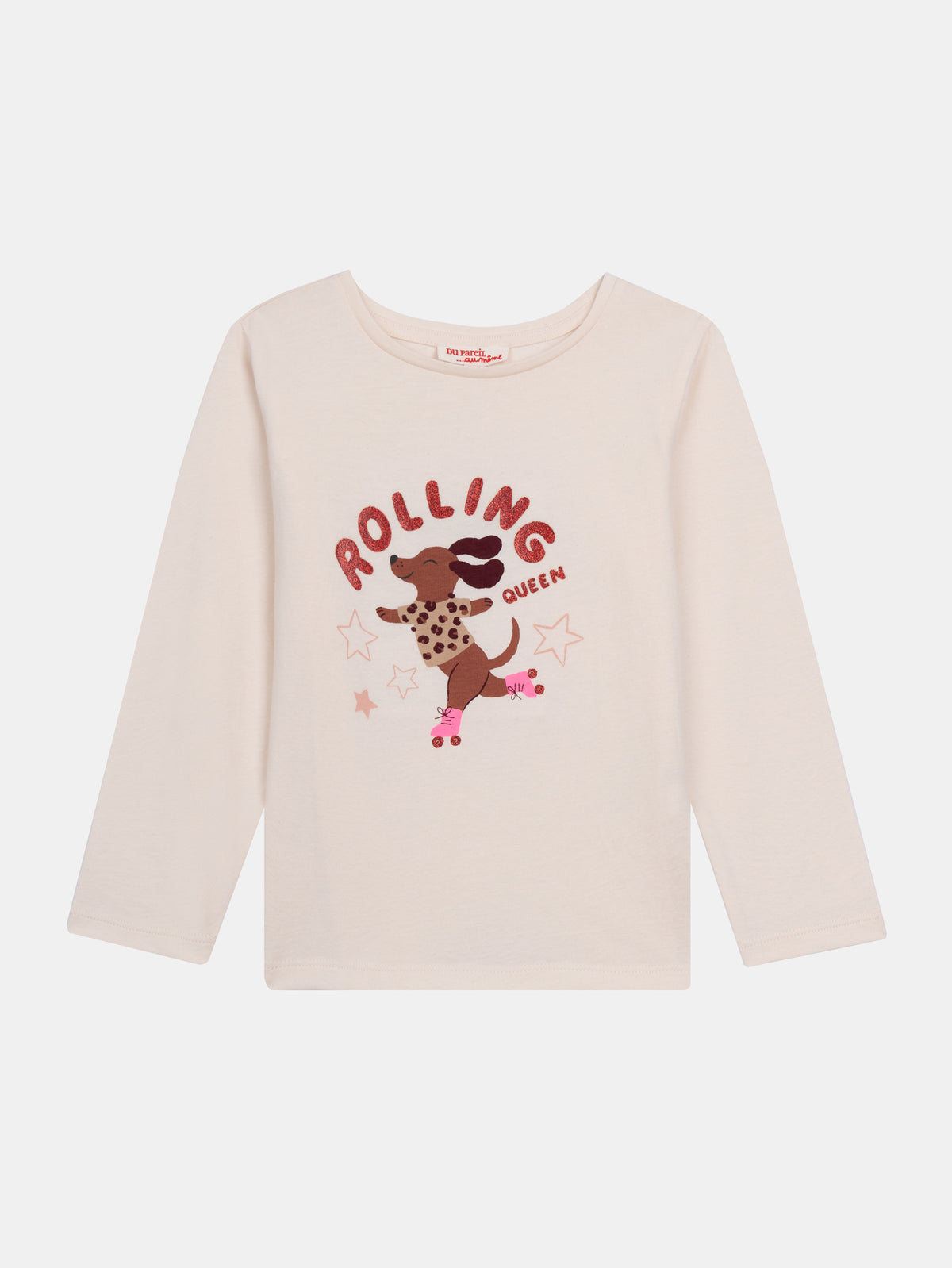 Ecru Long Sleeve T-Shirt with Dog Animation for Girls