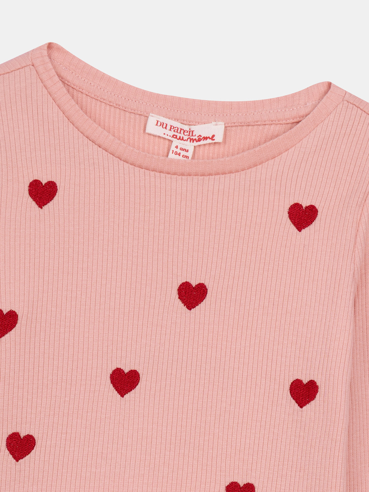 Pink Long Sleeve T-Shirt with Heart Embroidery for Girls