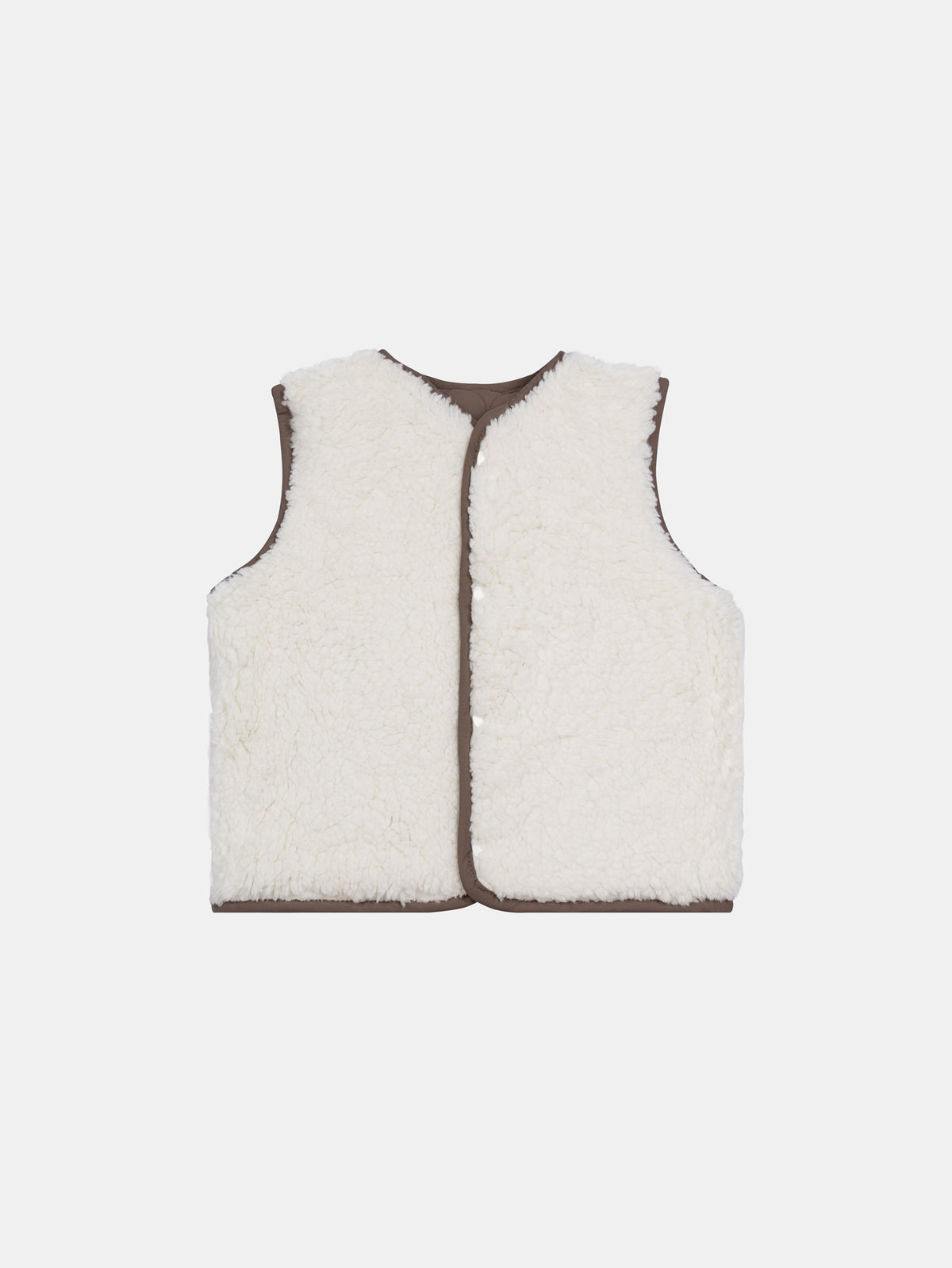Reversible cocoa and ecru sleeveless vest for baby boy