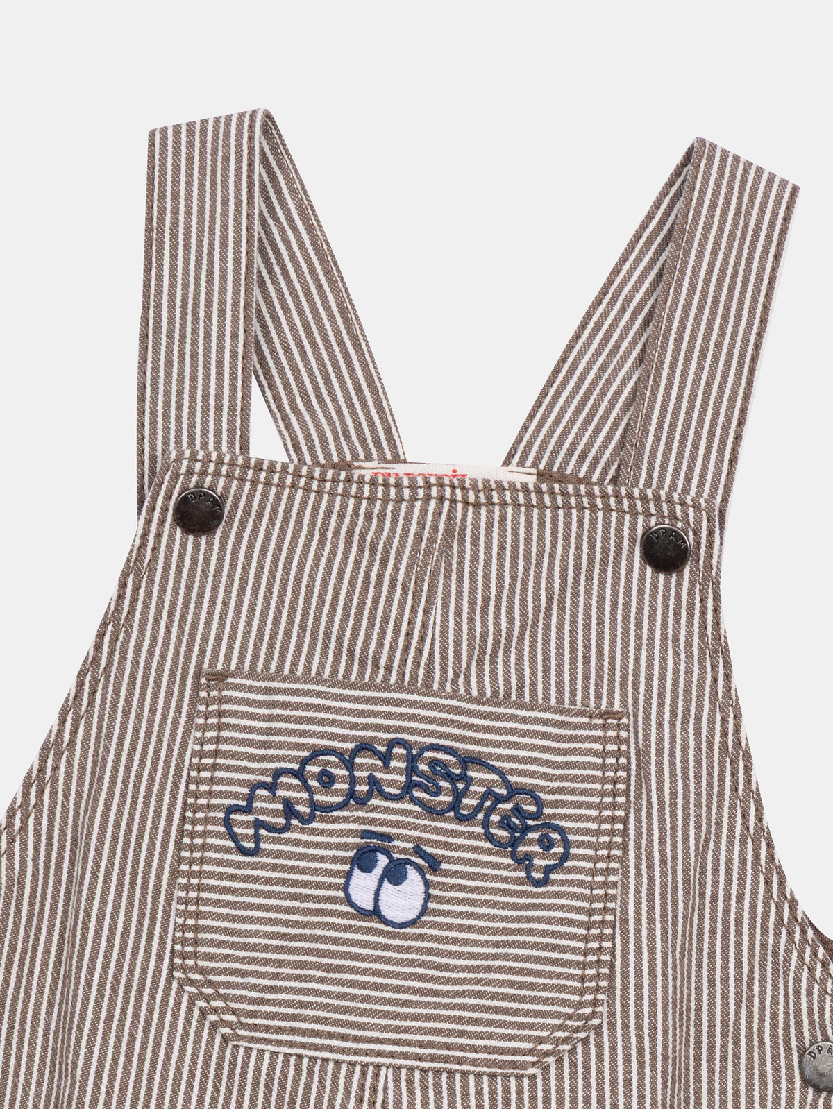 Striped cacao and ecru denim "Monster" dungarees for baby boy