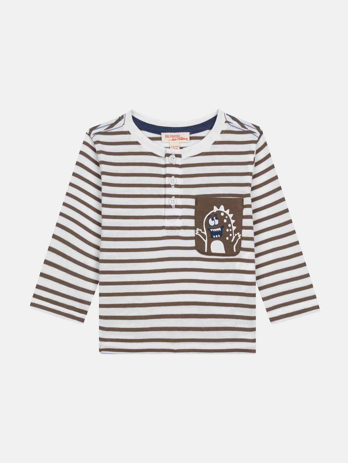 Striped Ecru and Cocoa Tunic Shirt "Funny Monster" for Baby Boys