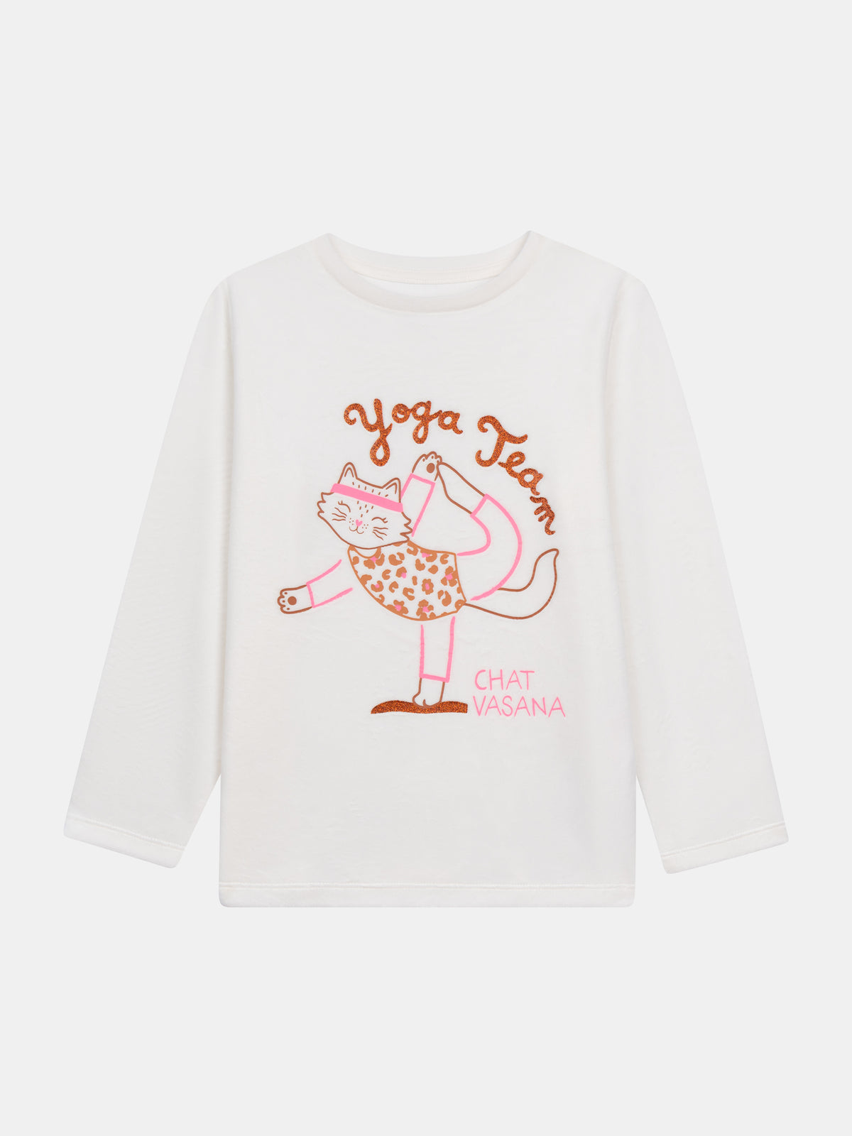 Ecru and pink velour pajamas "Cat Yoga Team" for girl