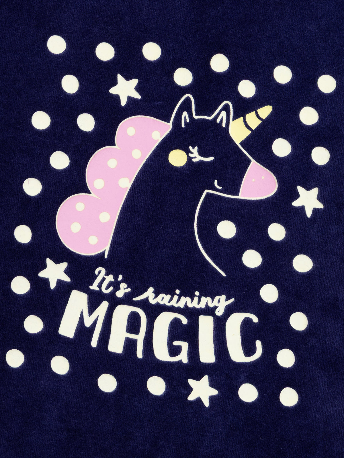 Navy Blue Velvet Pajamas "It's raining MAGIC" with Phosphorescent Details for Girls