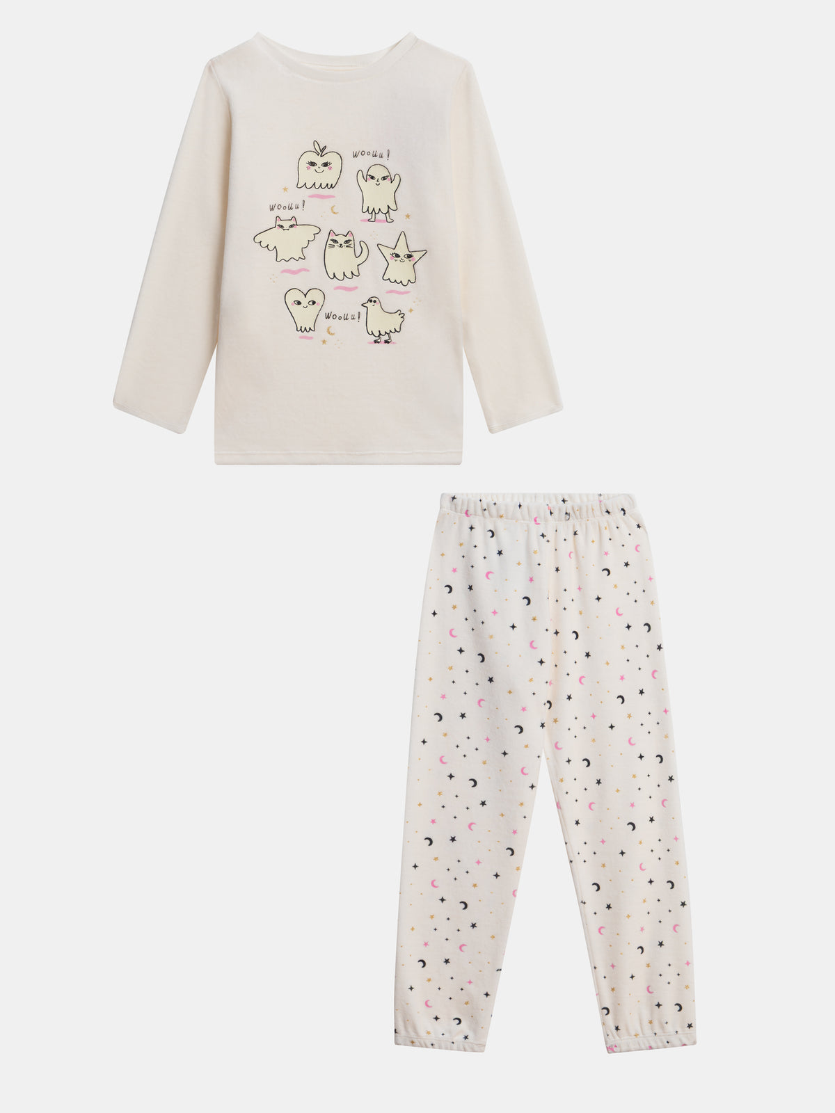 2-Piece Ecru Velvet Pajamas with Glow-in-the-Dark Ghost Patterns for Girls
