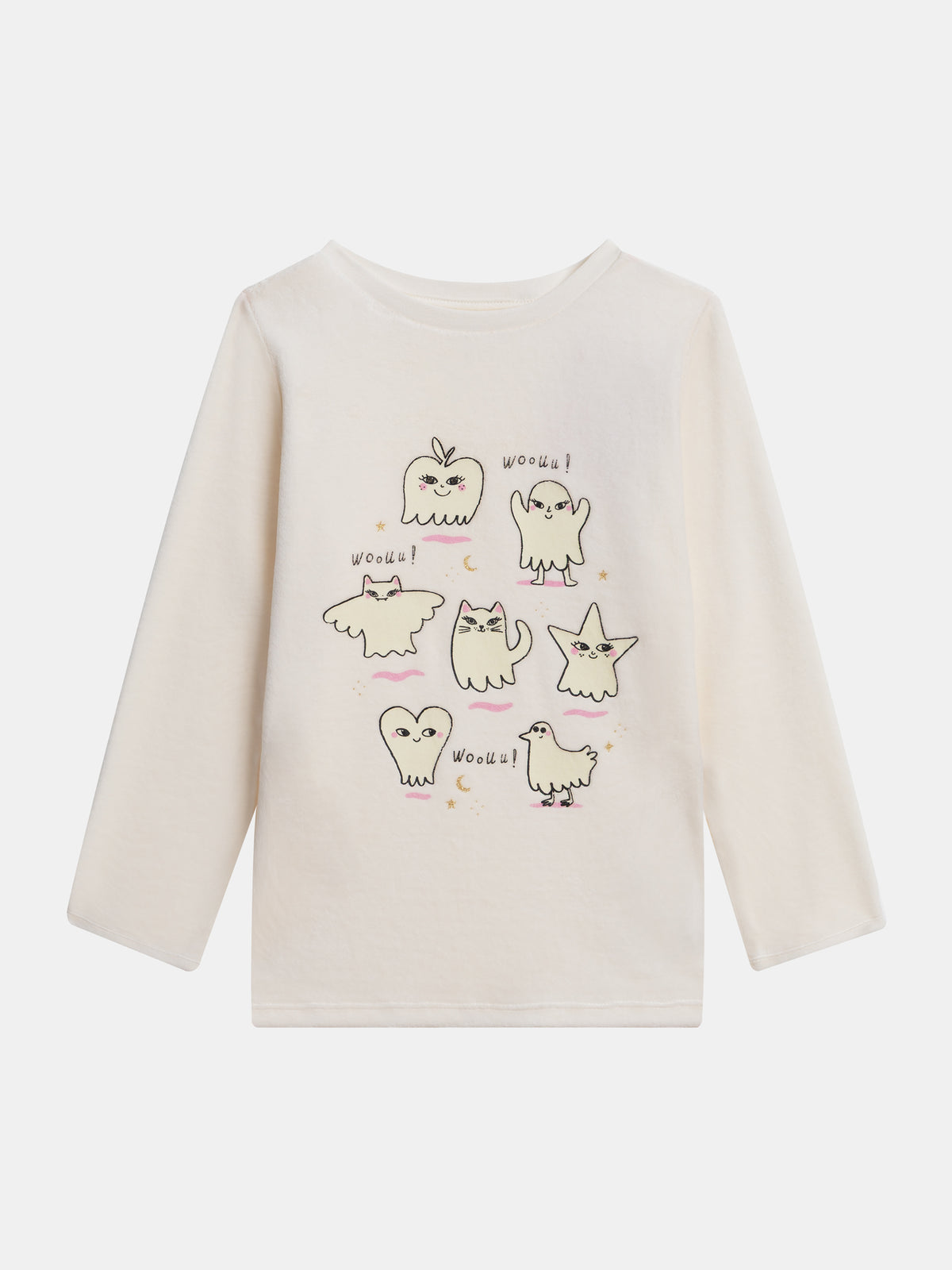 2-Piece Ecru Velvet Pajamas with Glow-in-the-Dark Ghost Patterns for Girls