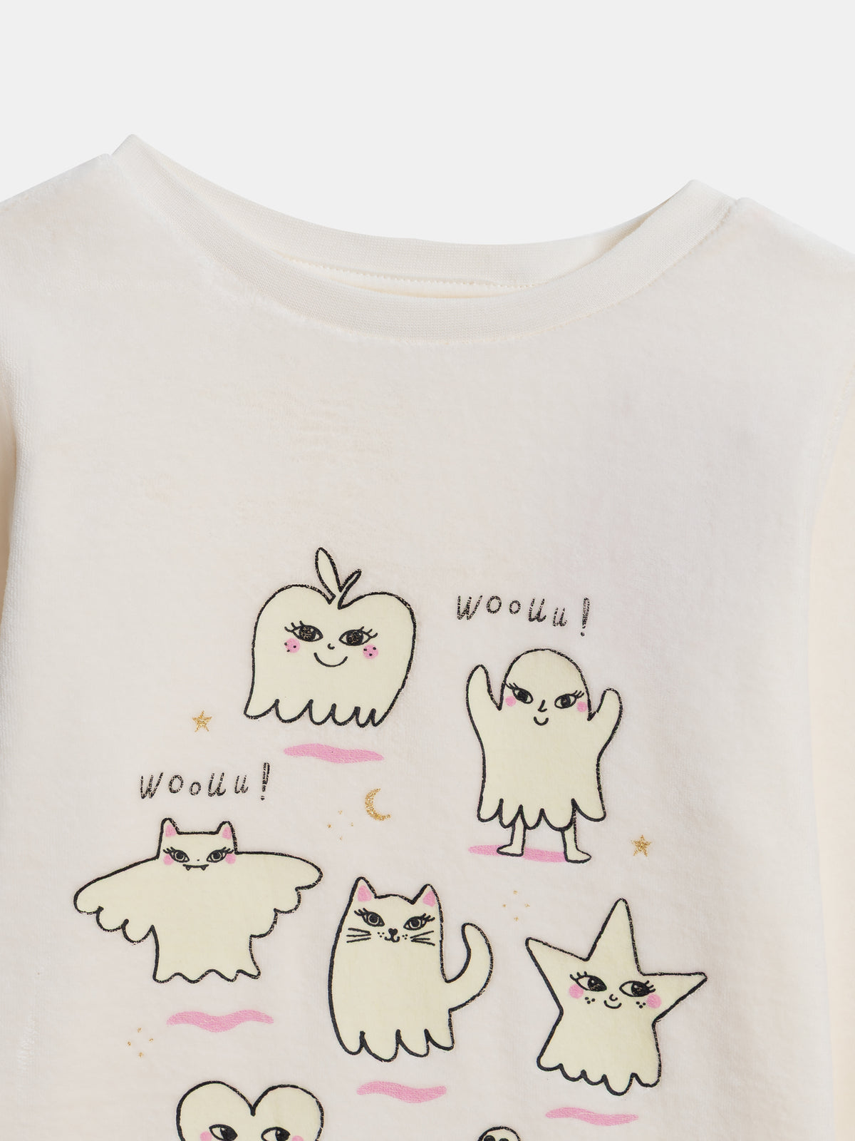 2-Piece Ecru Velvet Pajamas with Glow-in-the-Dark Ghost Patterns for Girls