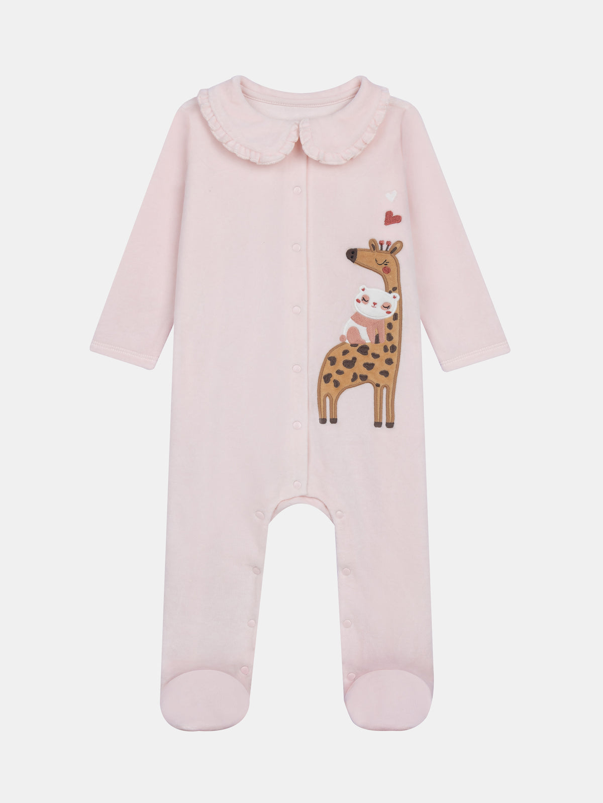 Pink Velour Sleepsuit with Giraffe and Panda for Baby Girls