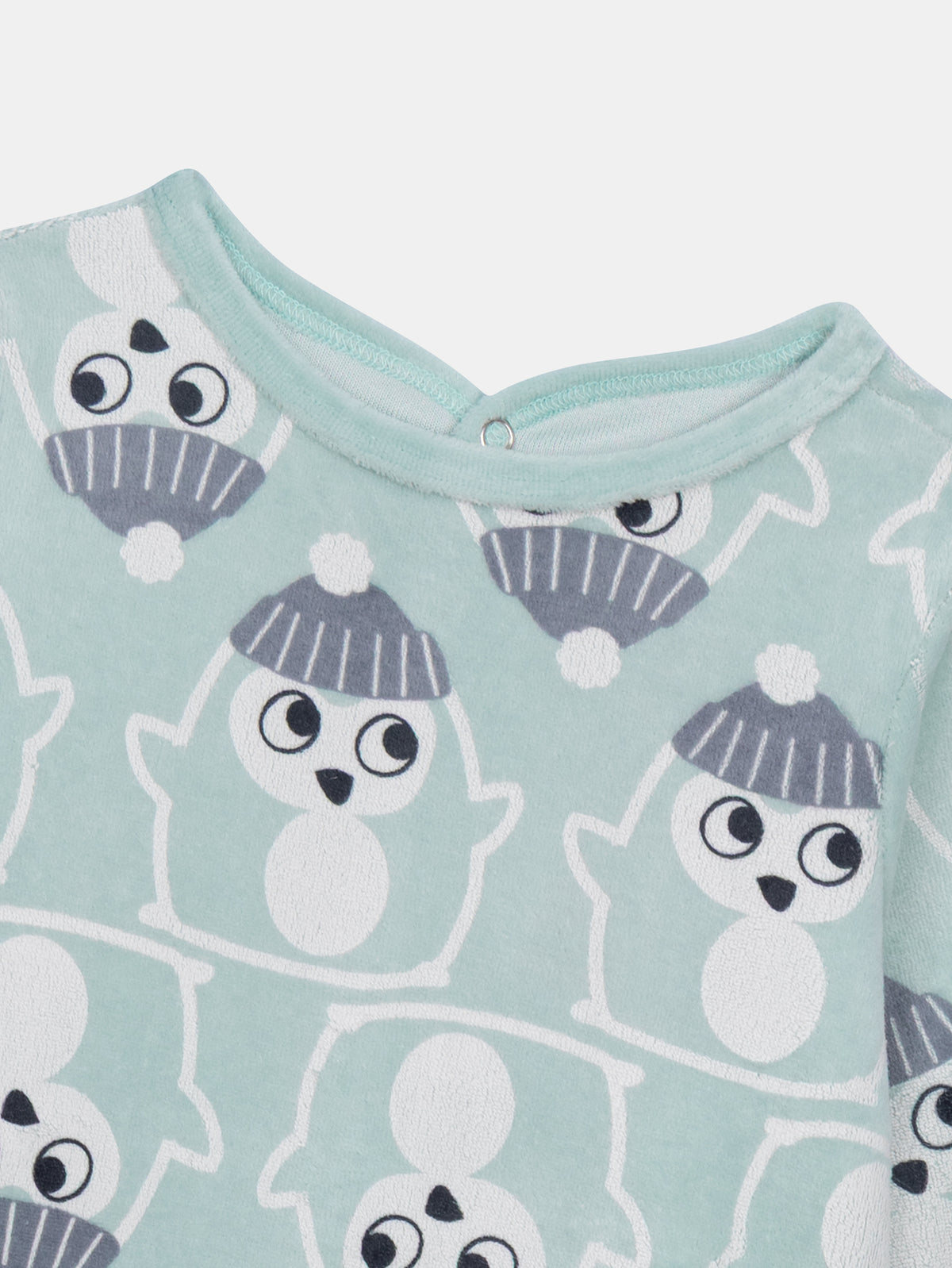 Green-Gray Velour Sleeper with Penguin Print for Baby Boy