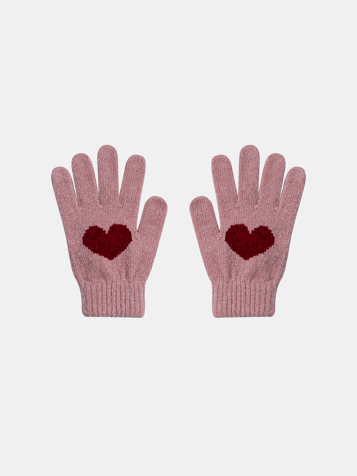 Pink knitted gloves with red heart for girls