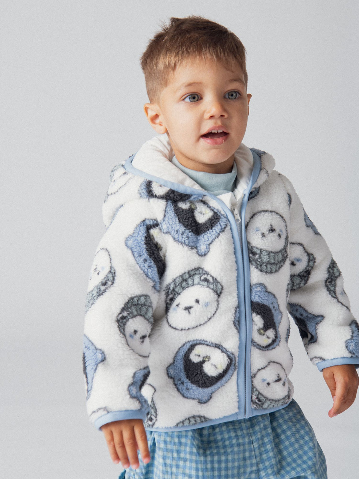 Hooded Sherpa Jacket with Penguin and Bear Print for Baby Boys