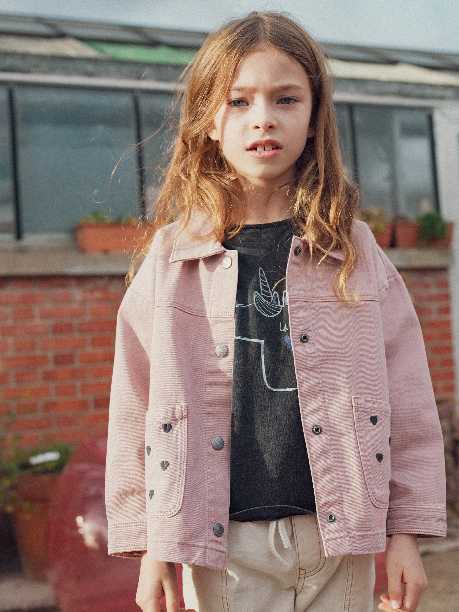 Pink Heart Embroidered Jacket for Girls