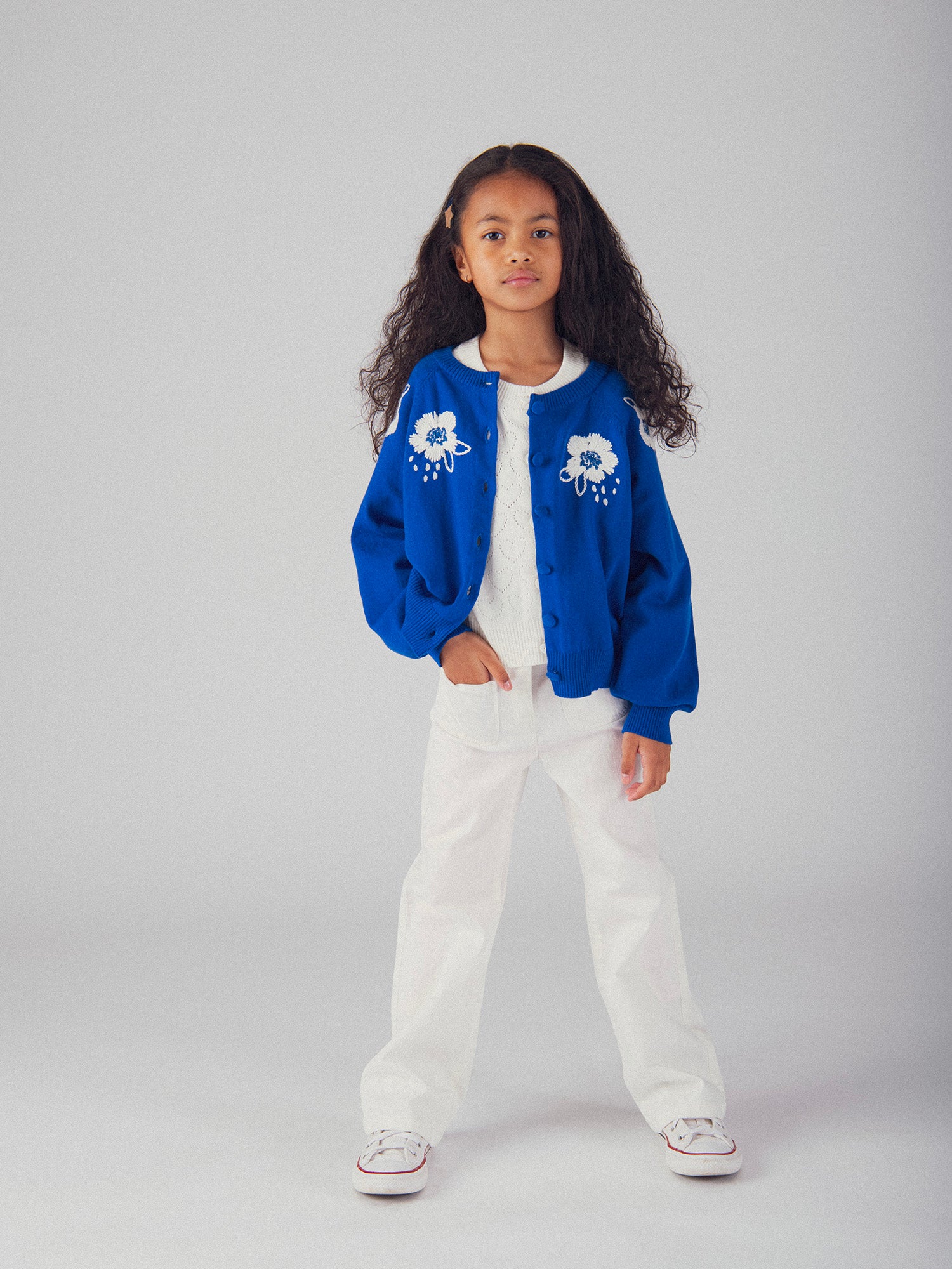 Blue Cardigan with Flower Embroidery for Girls