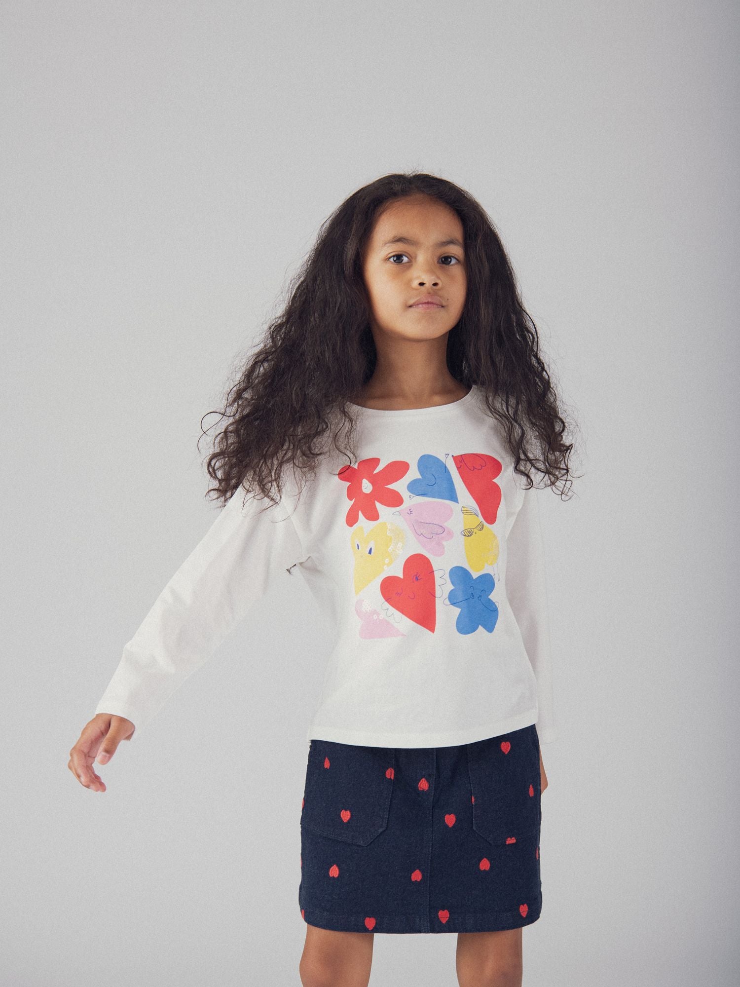 Long Sleeve Cream T-Shirt with Colorful Animations for Girl