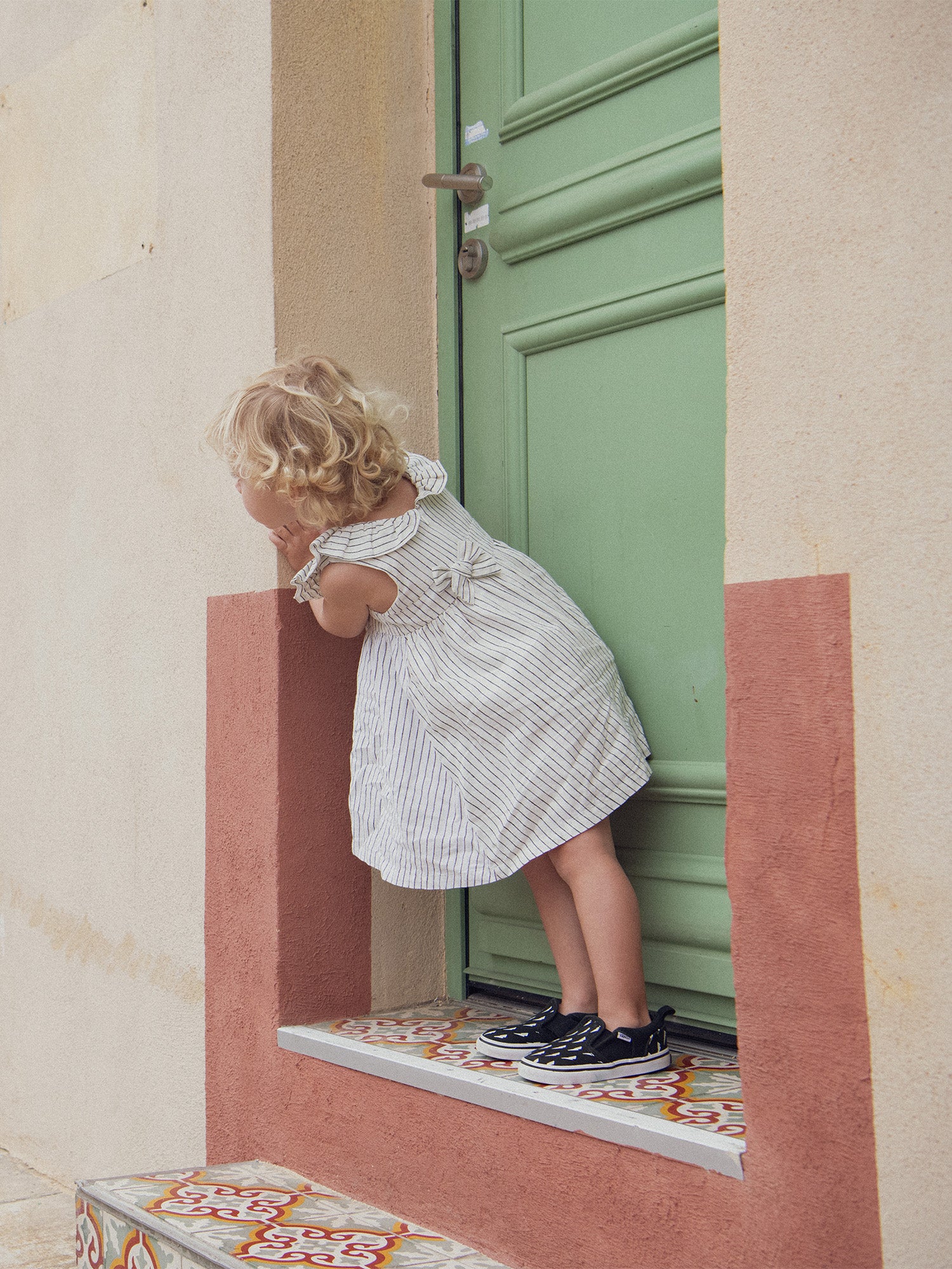 Striped and Embroidered Dress with Ruffled Shoulders and Bloomer for Baby Girl