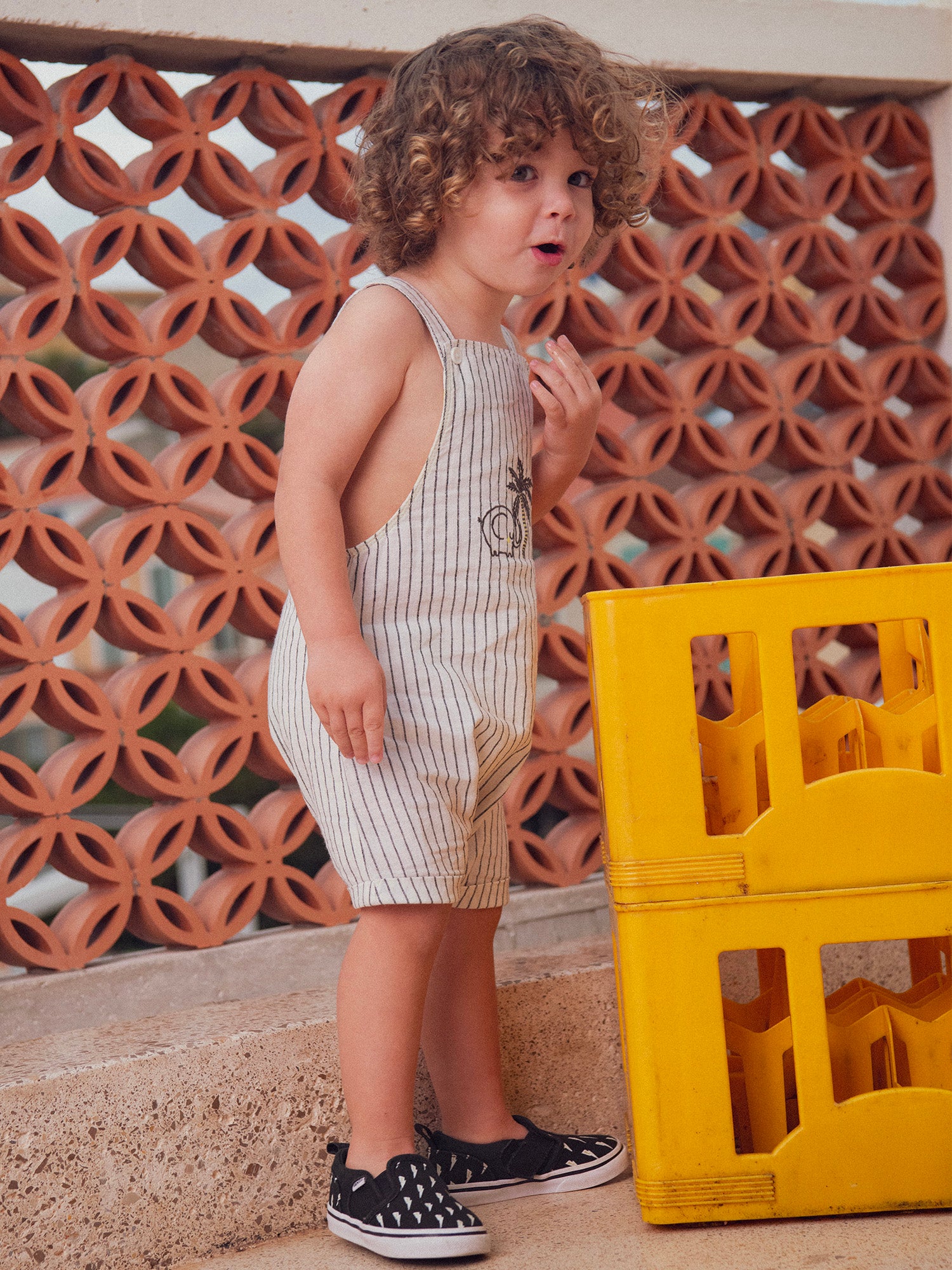 Striped Short Dungarees with Elephant and Palm Tree Embroidery for Baby Boy