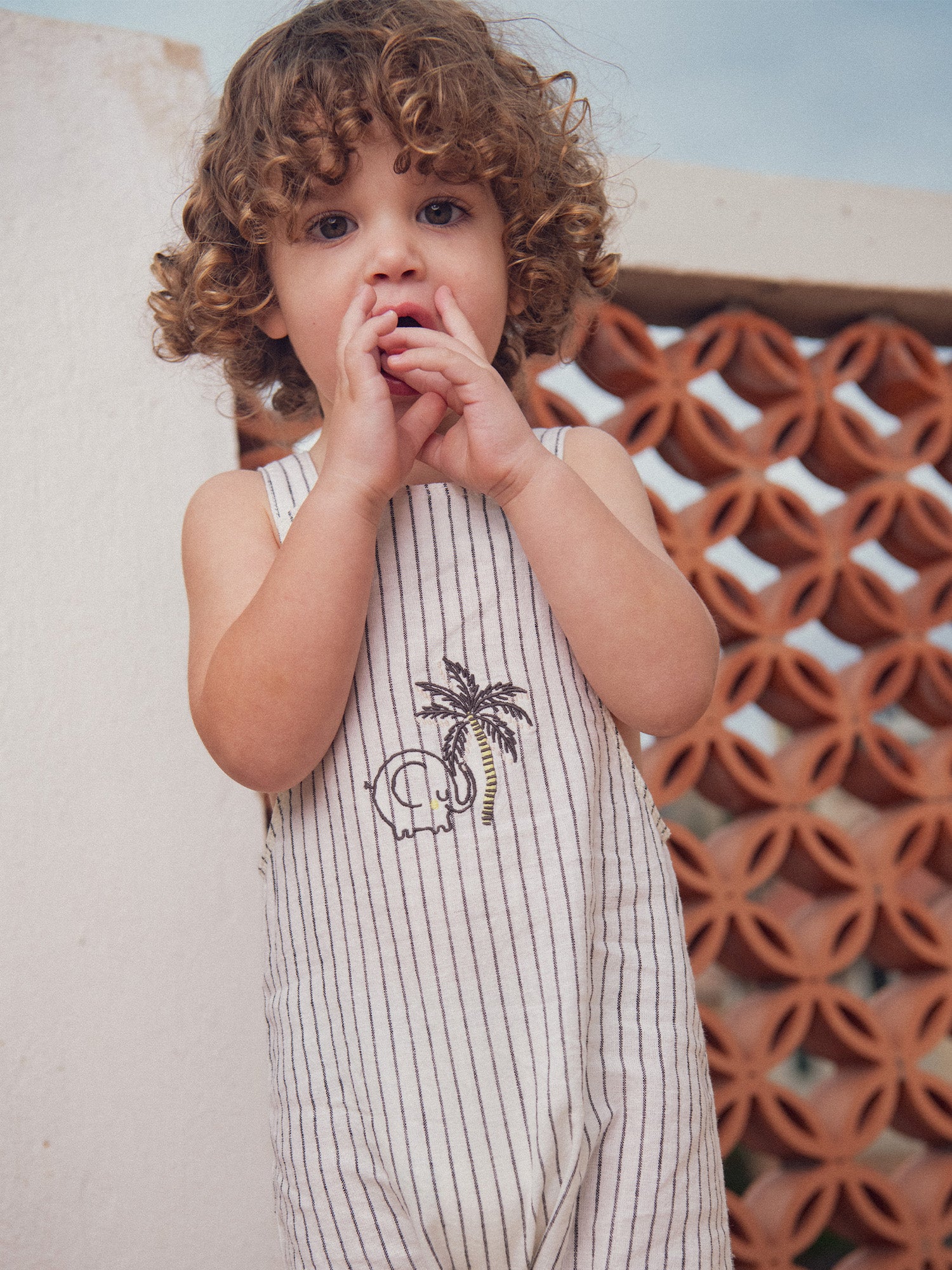 Striped Short Dungarees with Elephant and Palm Tree Embroidery for Baby Boy