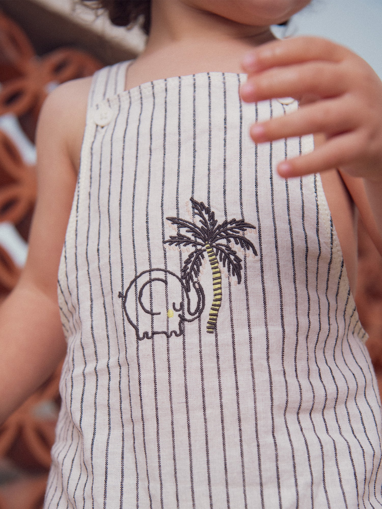 Striped Short Dungarees with Elephant and Palm Tree Embroidery for Baby Boy
