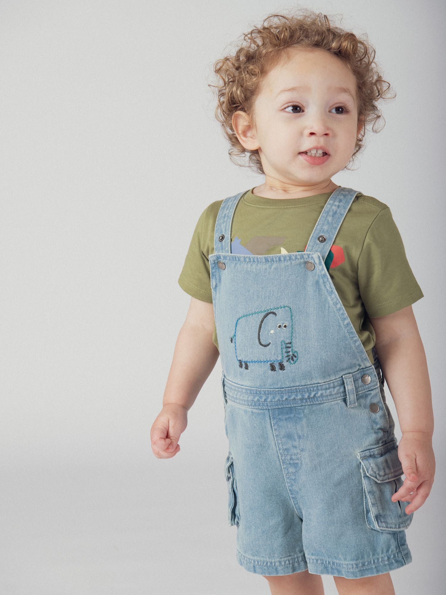 Light denim short overall with "Elephant" print for baby boys