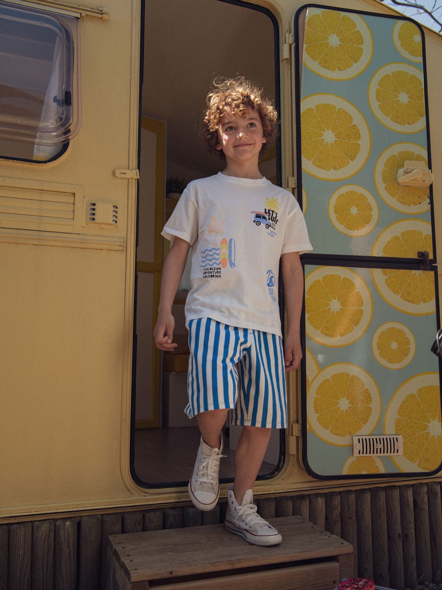 Blue and beige striped bermuda for boys