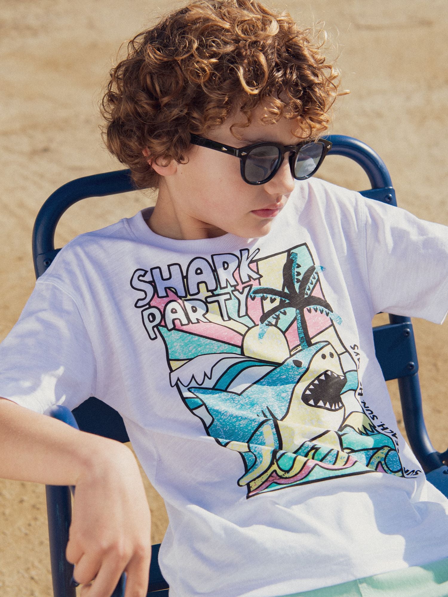 White T-Shirt with Shark Animation for Boys