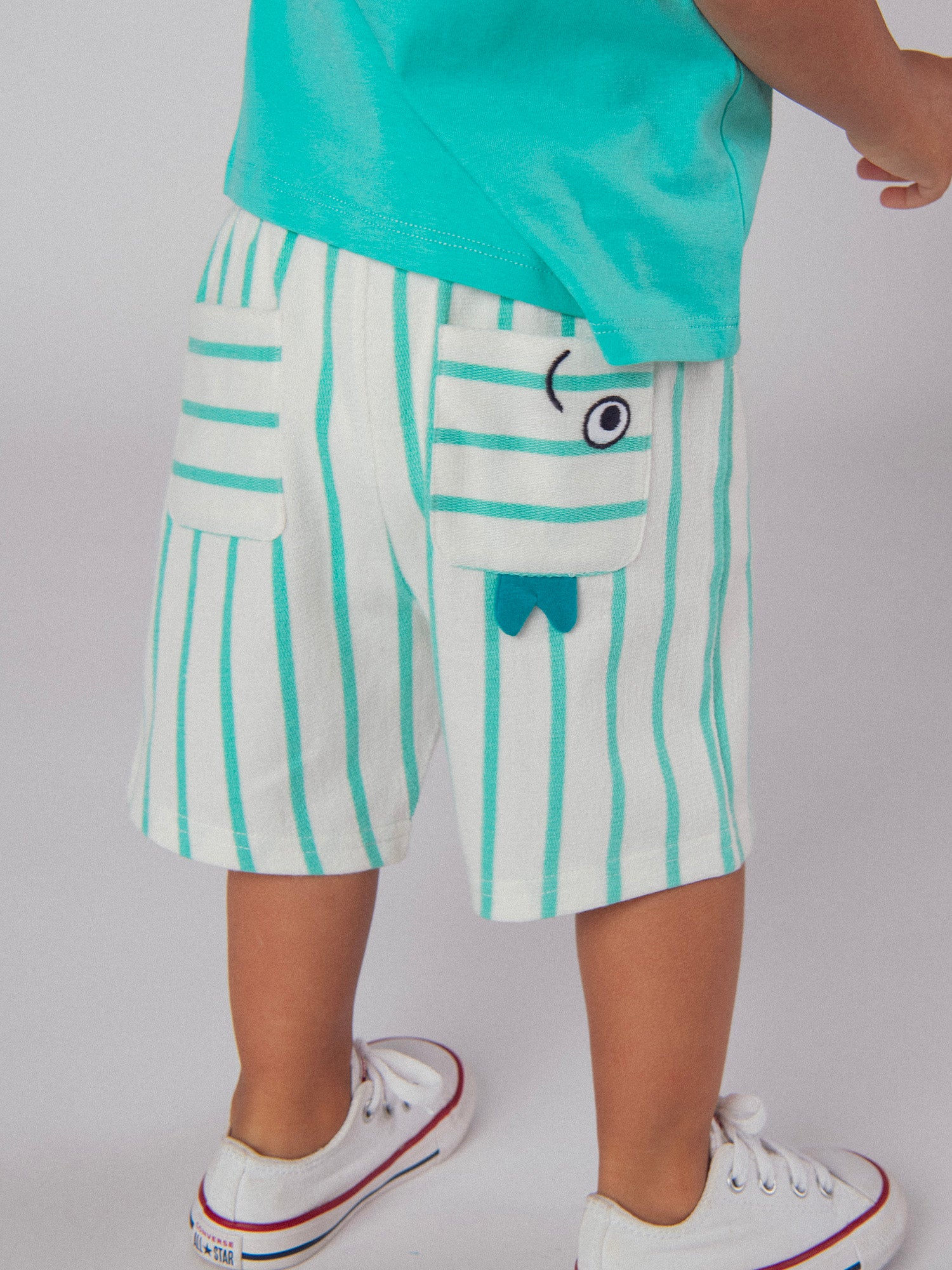 Striped aqua green shorts with "Fish" pocket for baby boy