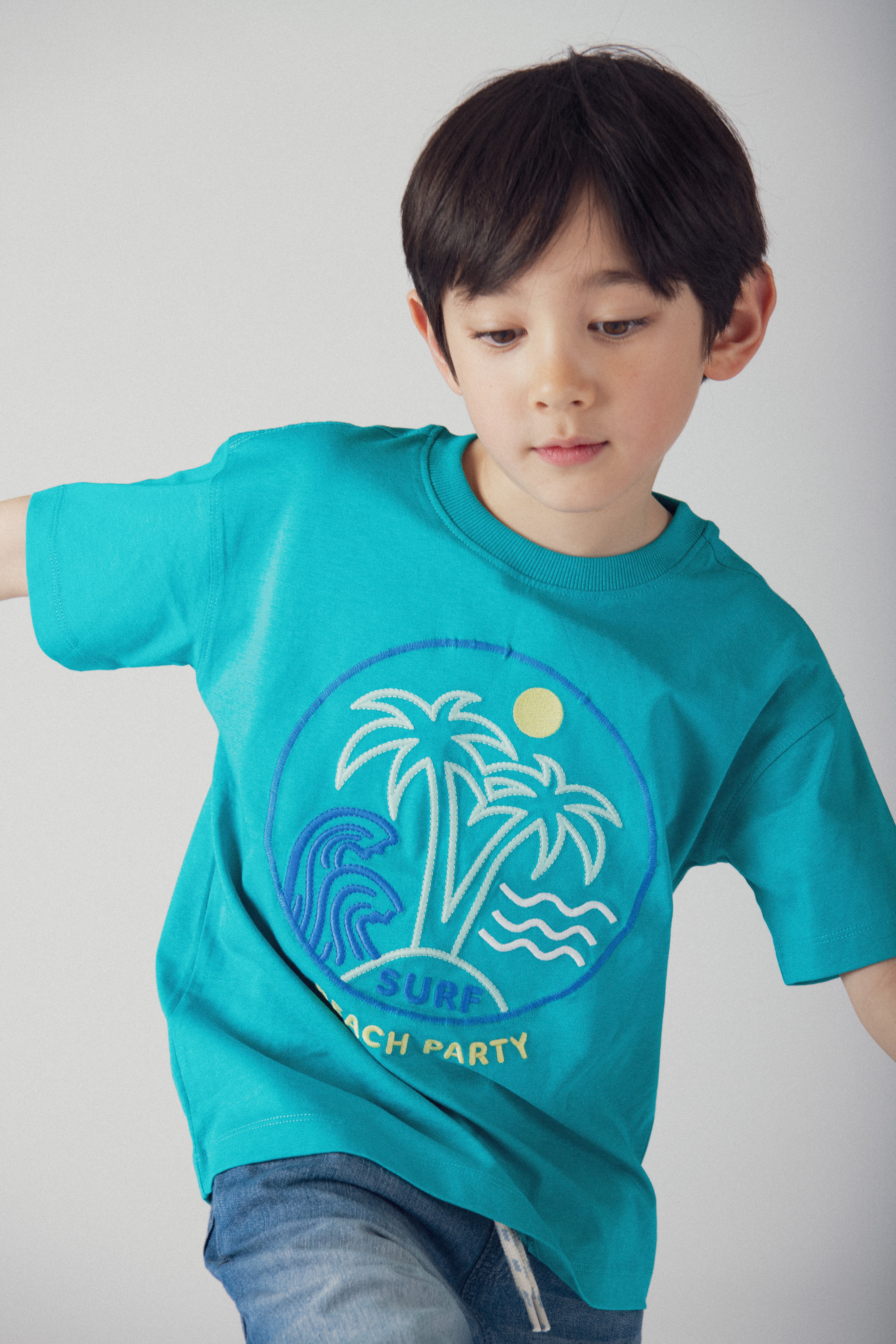 Turquoise Blue Short Sleeve T-Shirt with Beach Animation for Boys