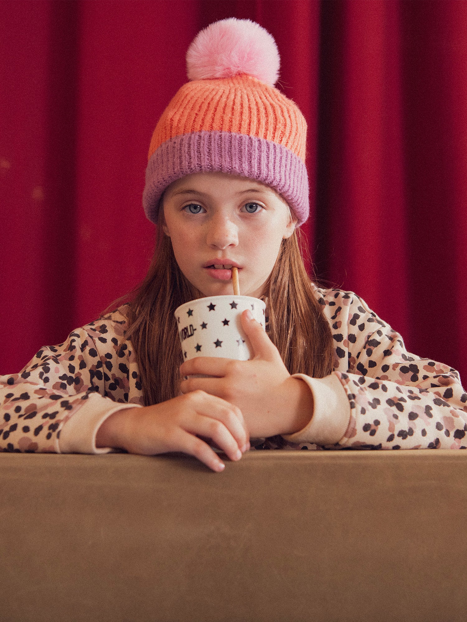 Two-tone Beanie with Pom Pom for Girl