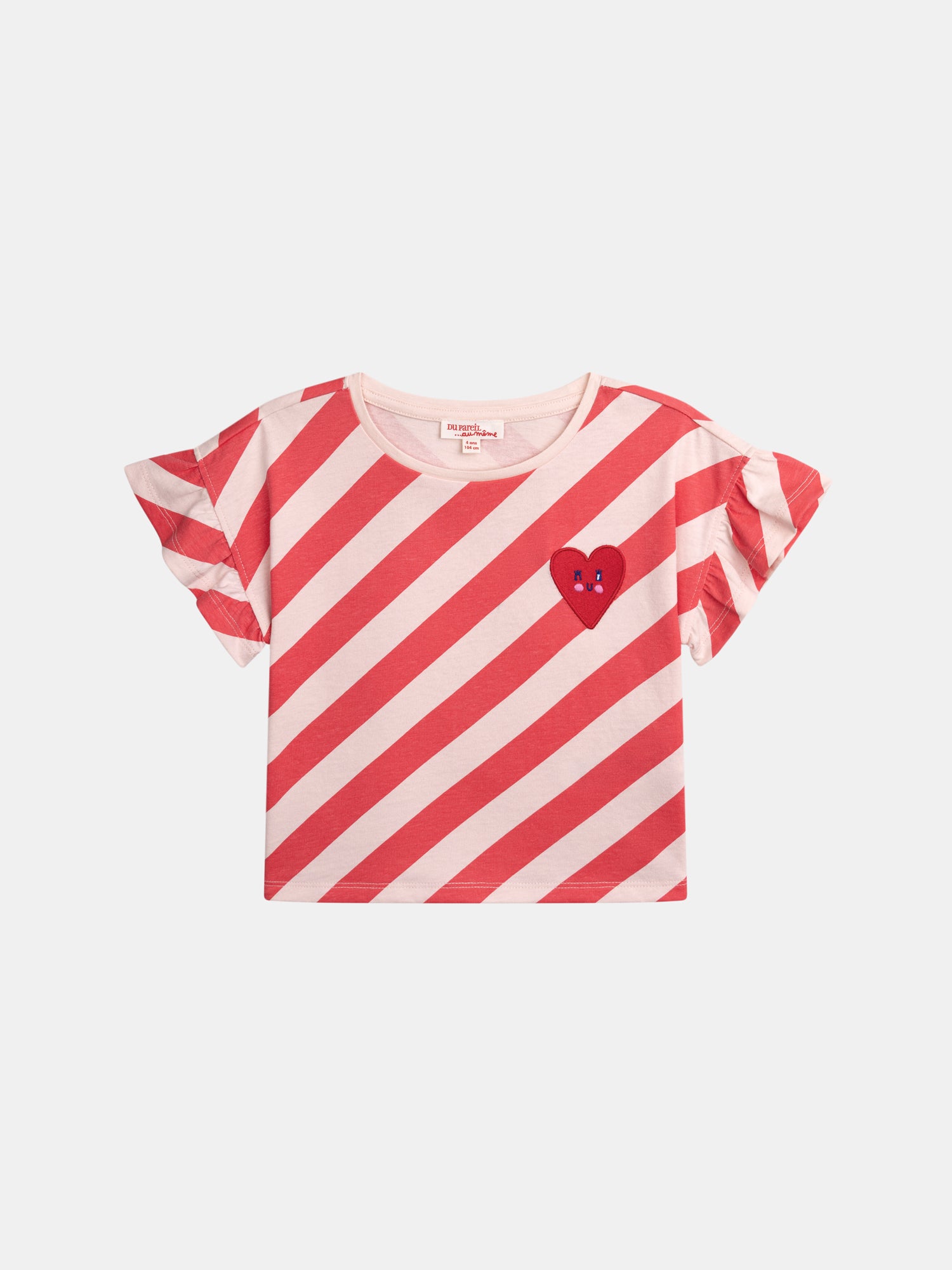 Short-sleeve pink striped t-shirt with badge for girl