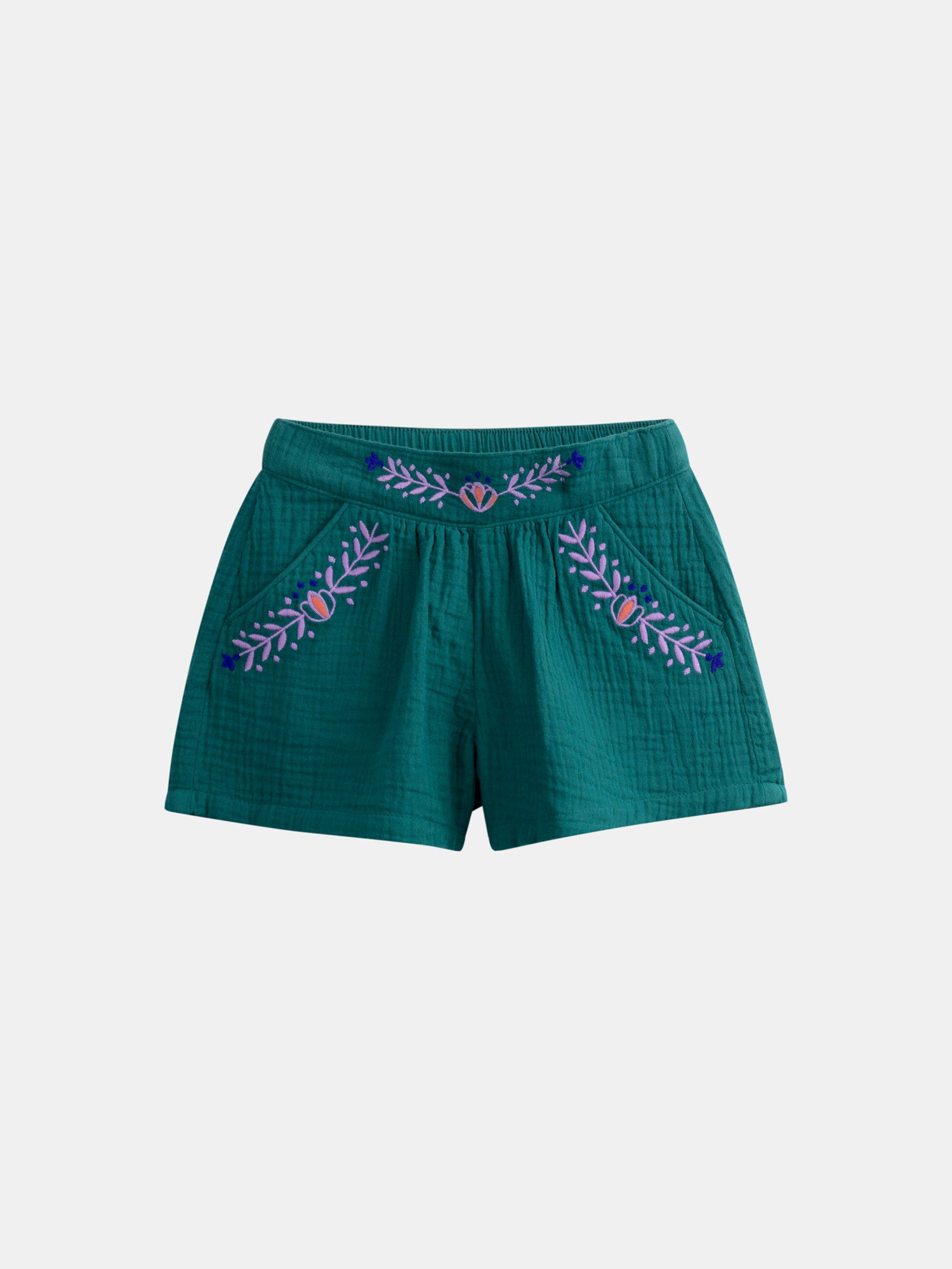 Green shorts with floral embroidery for girls