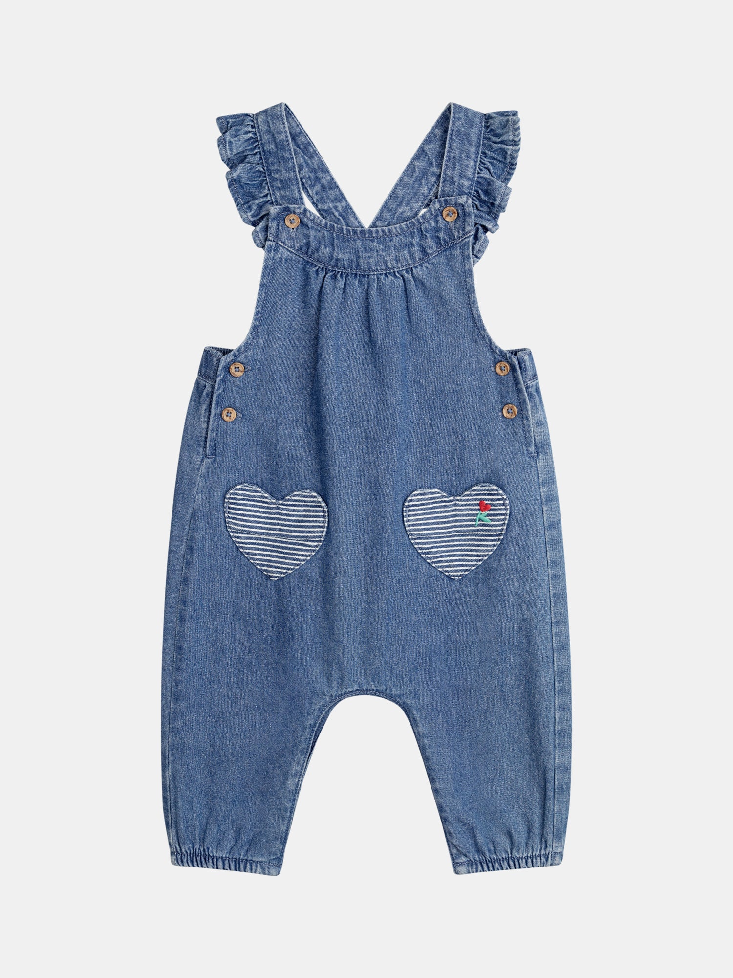Denim overalls with embroidered heart pockets for baby girl
